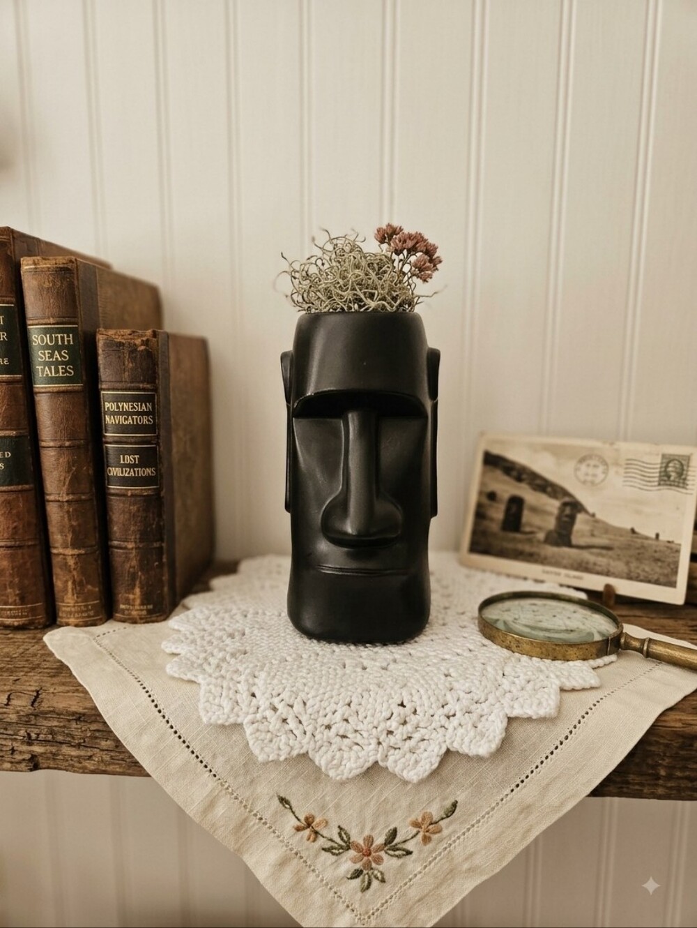 Vintage MCM Otagiri Matte Black Moai Easter Island Vase Planter โ Japan OMC